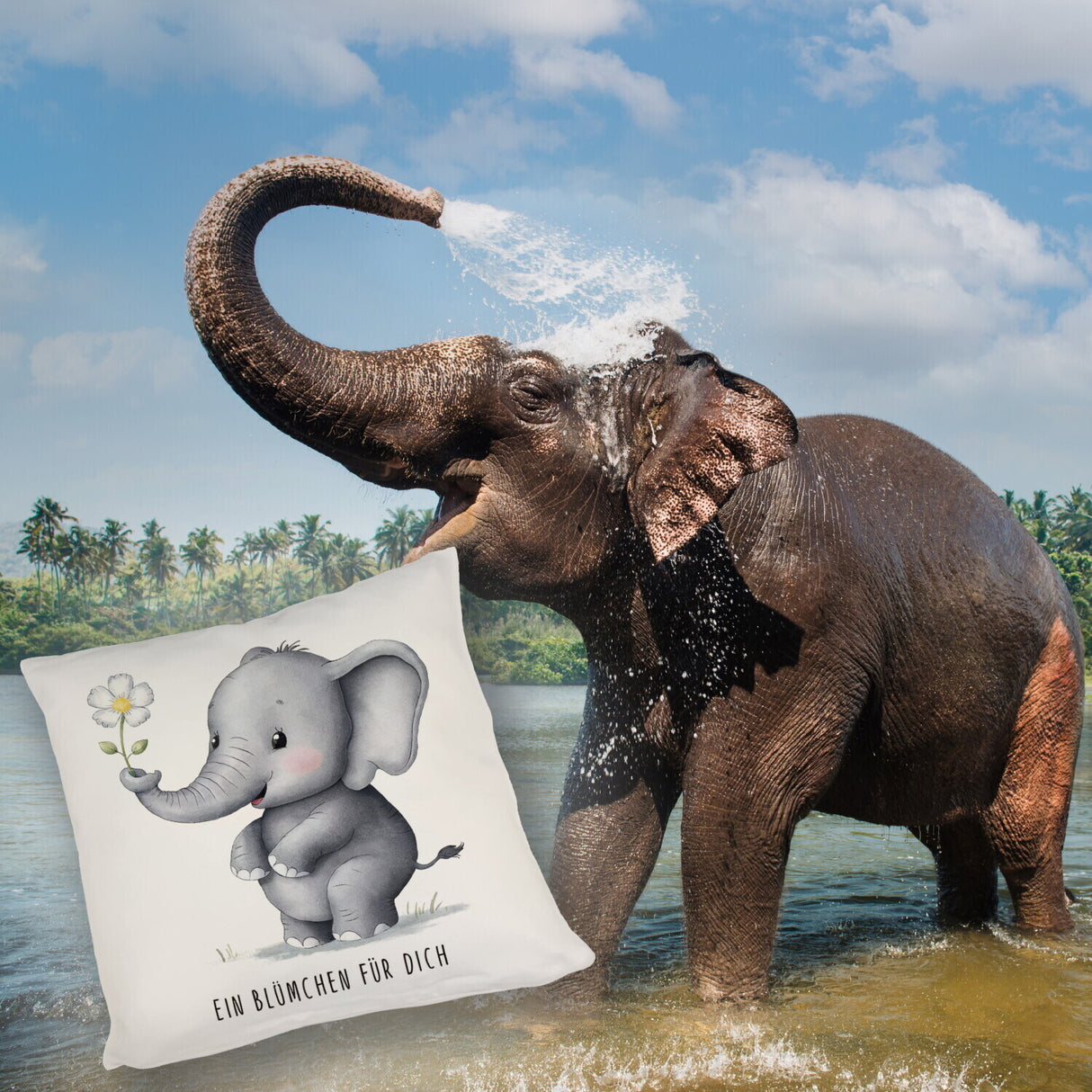 Grauer Elefant - Blümchen für dich Kissen