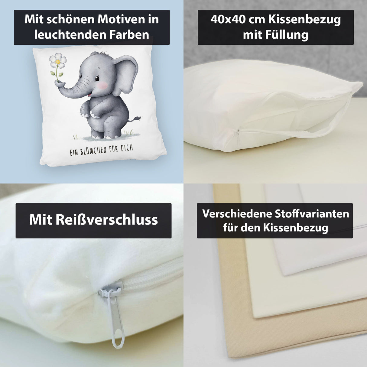 Grauer Elefant - Blümchen für dich Kissen