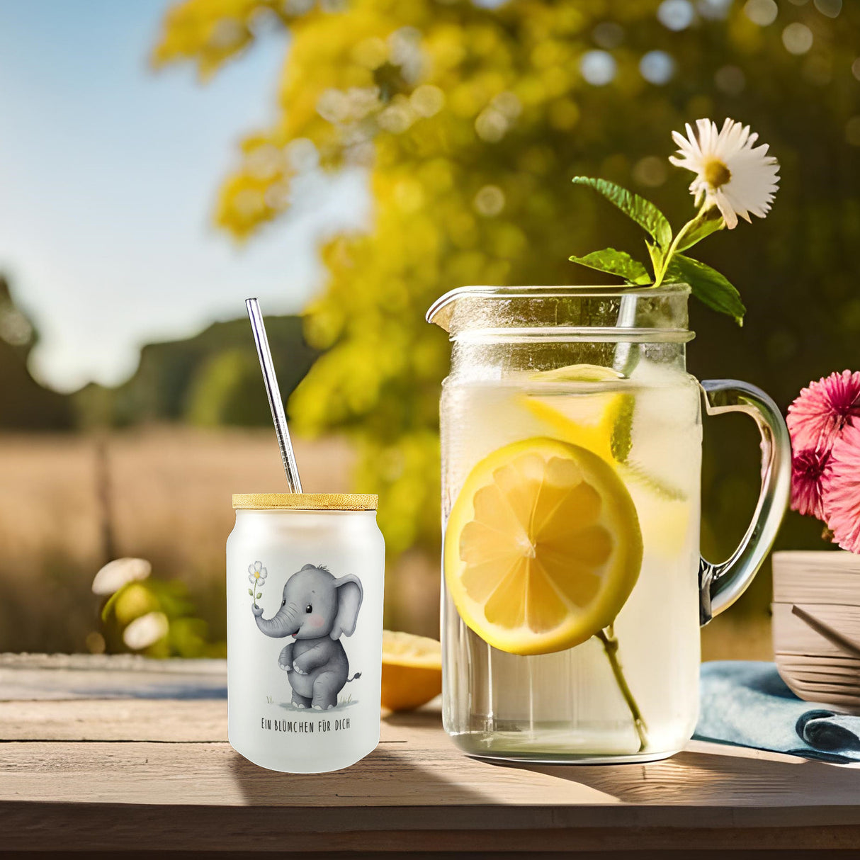 Grauer Elefant - Blümchen für dich Trinkglas mit Bambusdeckel