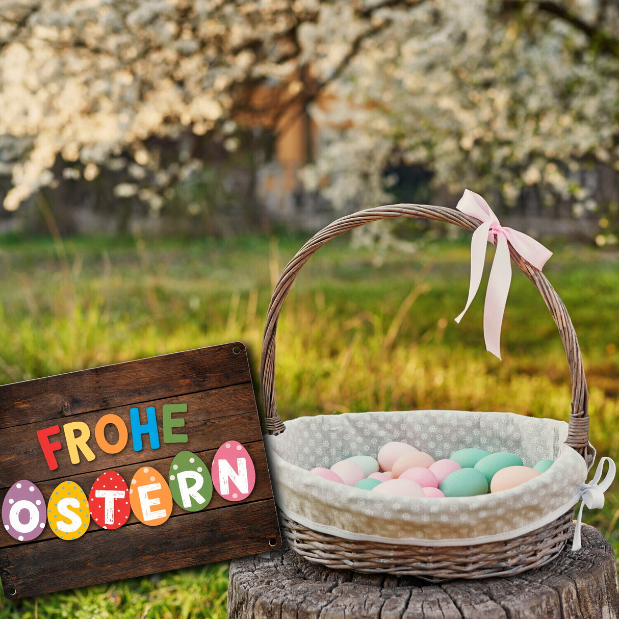 Frohe Ostern Metallschild in 15x20 cm mit bunten Eiern