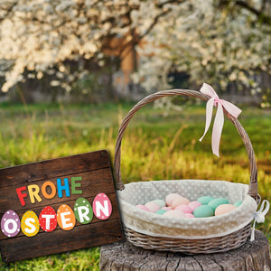 Frohe Ostern Metallschild in 15x20 cm mit bunten Eiern