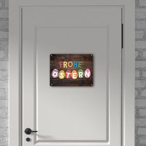 Frohe Ostern Metallschild in 15x20 cm mit bunten Eiern