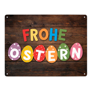 Frohe Ostern Metallschild in 15x20 cm mit bunten Eiern