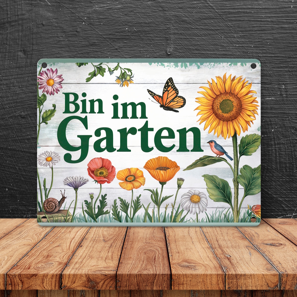 Bin im Garten Metallschild in 15x20 cm mit Schmetterling und Blumen