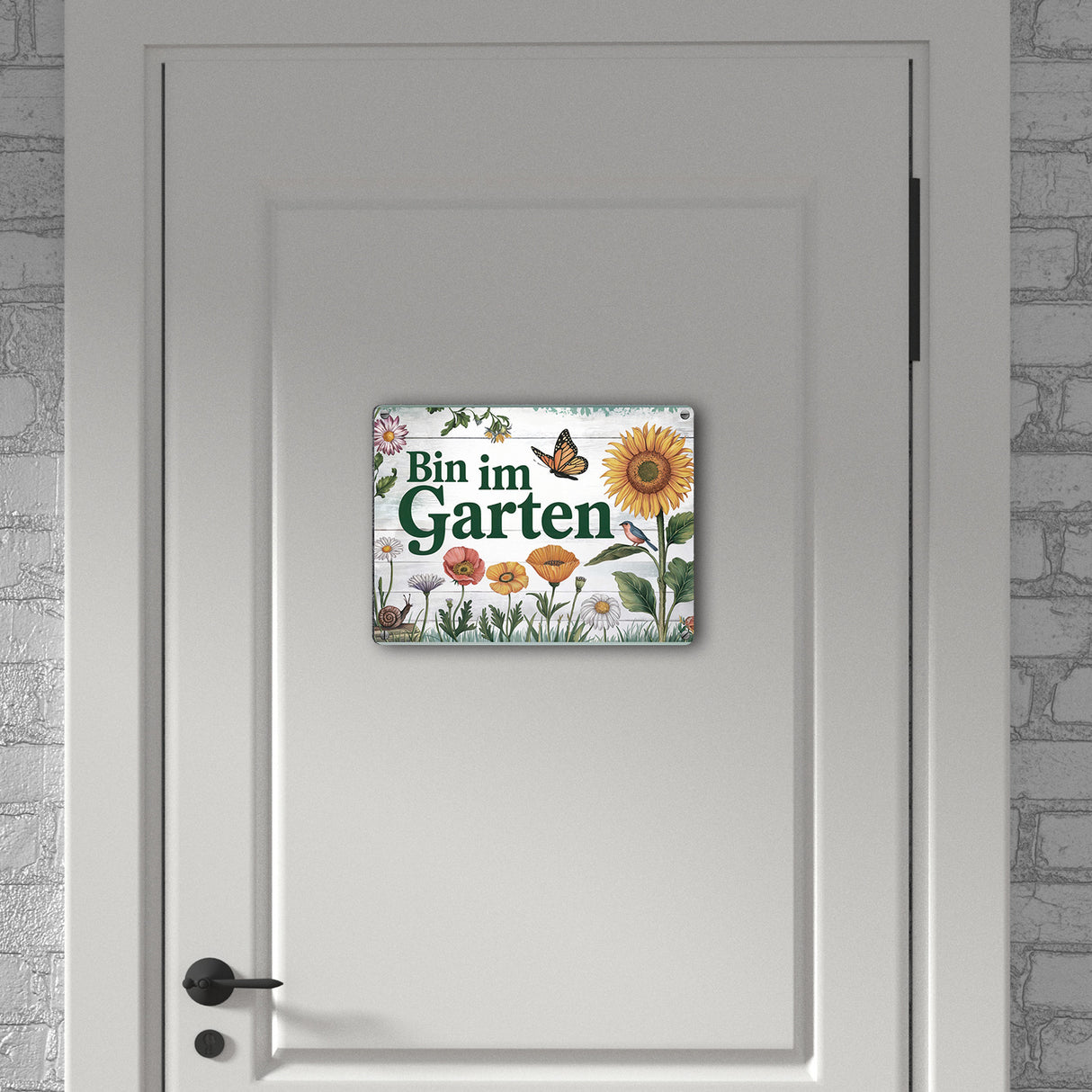 Bin im Garten Metallschild in 15x20 cm mit Schmetterling und Blumen
