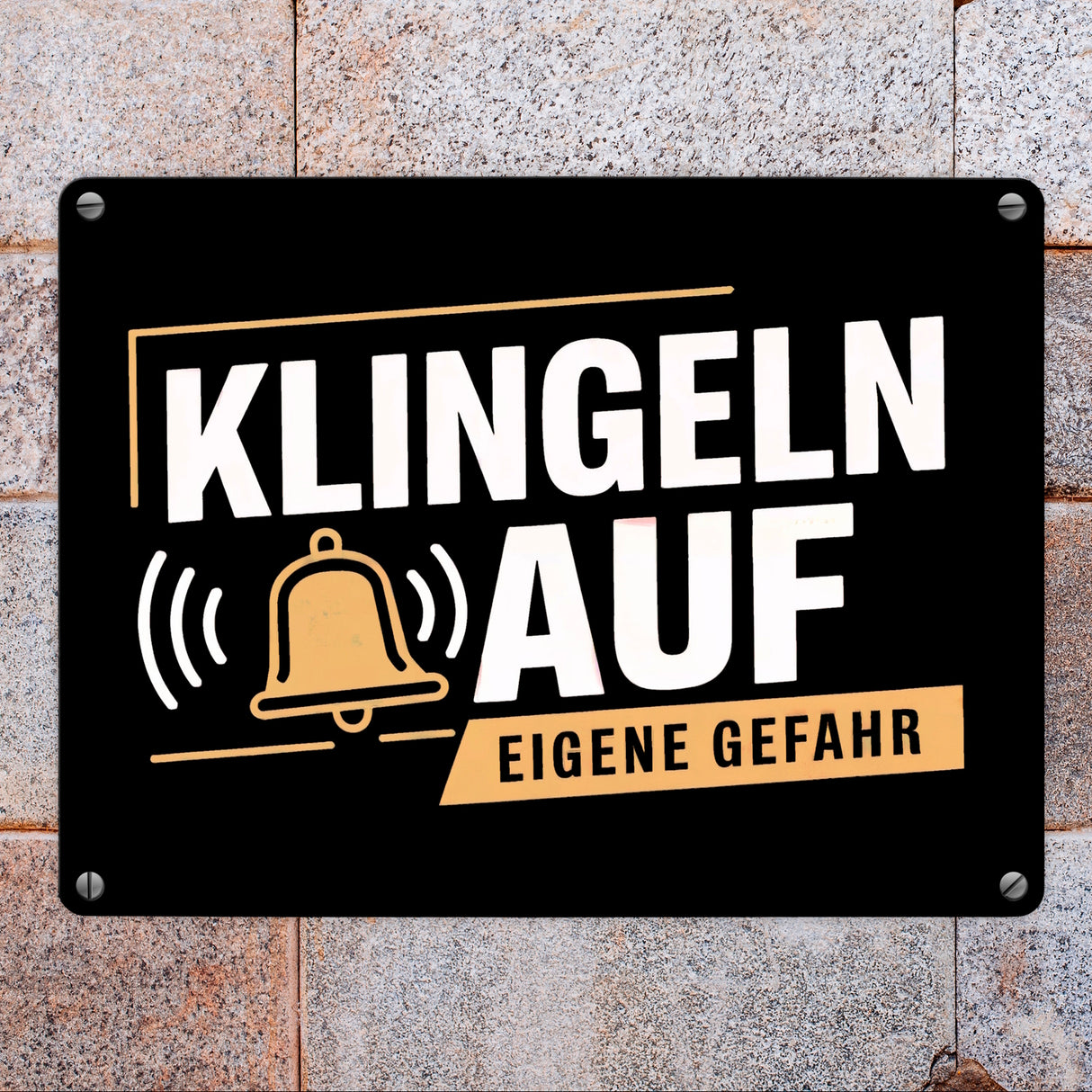 KLINGELN AUF EIGENE GEFAHR Metallschild in 15x20 cm mit Glockensymbol