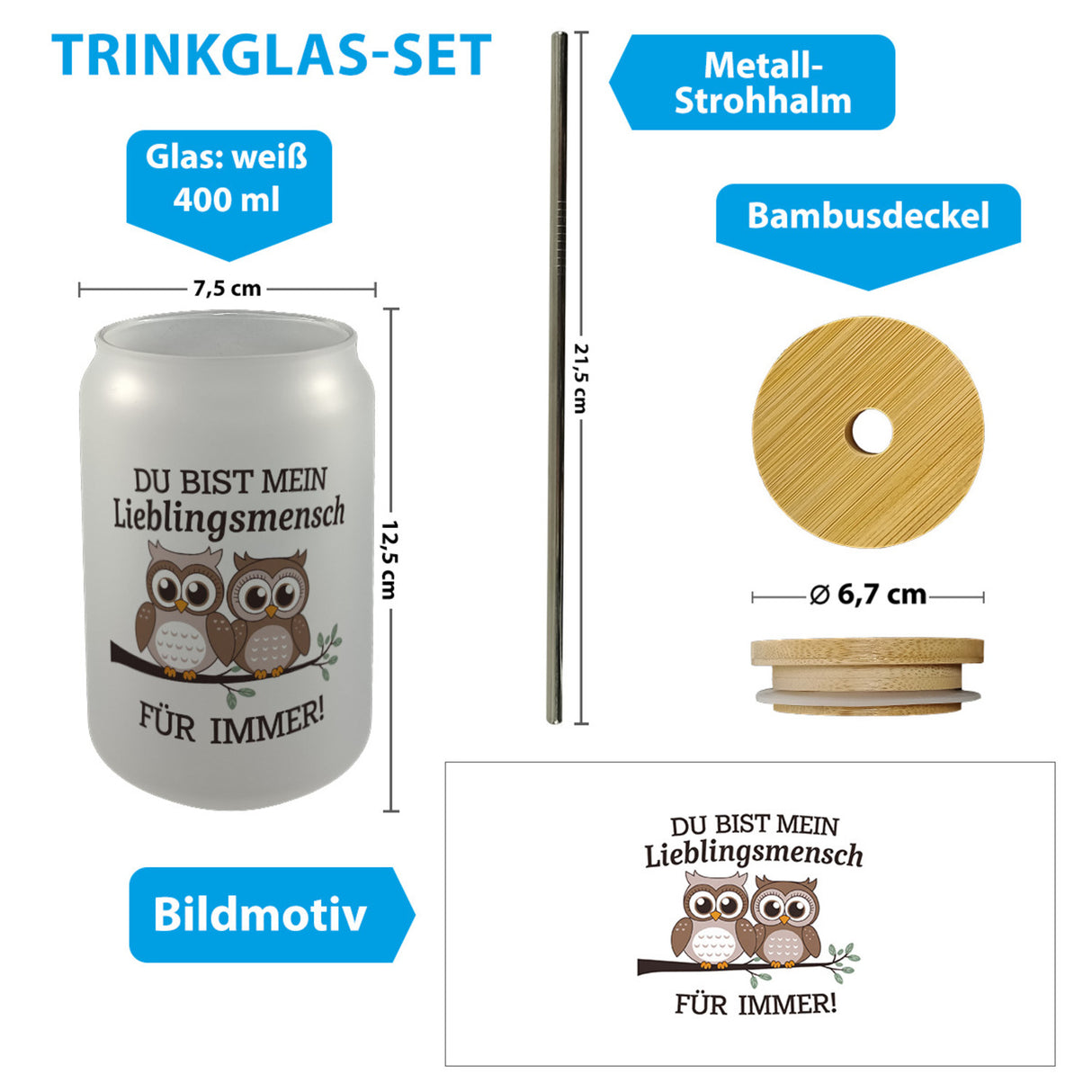 Zwei niedliche Eulen Lieblingsmensch Trinkglas mit Bambusdeckel