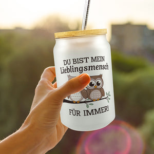 Zwei niedliche Eulen Lieblingsmensch Trinkglas mit Bambusdeckel