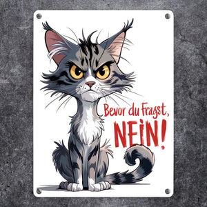 Grimmige Katze Metallschild in 15x20 cm mit Spruch Bevor du fragst: NEIN!
