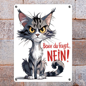 Grimmige Katze Metallschild in 15x20 cm mit Spruch Bevor du fragst: NEIN!