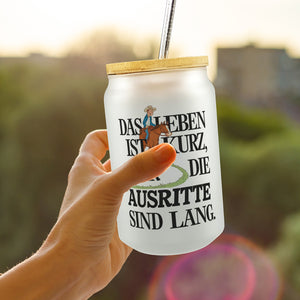 Reiter Spruch Trinkglas mit Bambusdeckel Ausritte sind lang