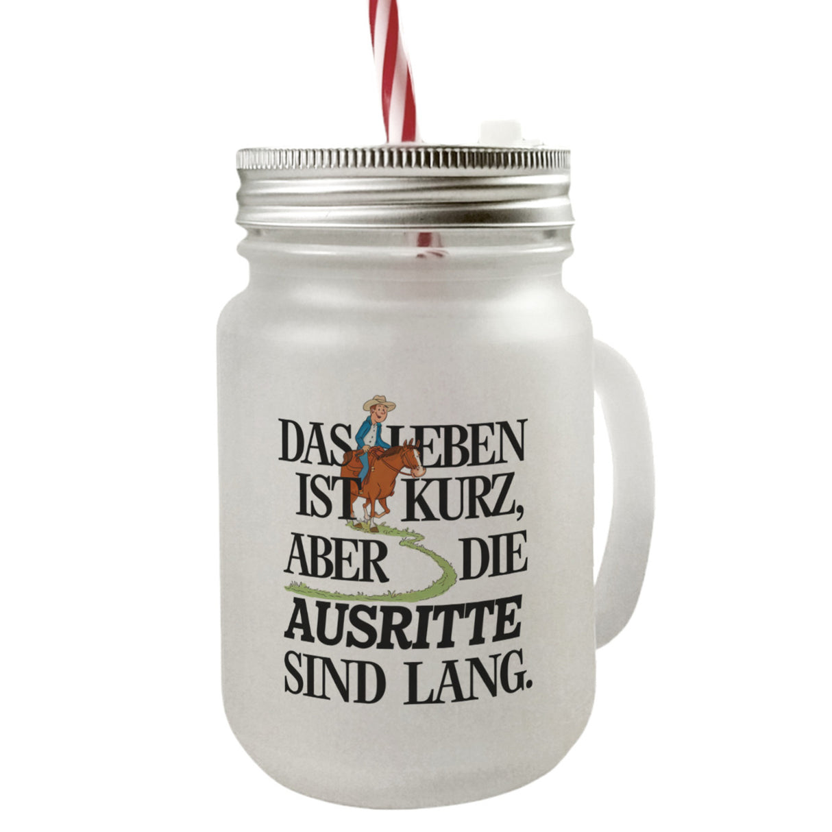 Reiter Spruch Trinkglas mit Bambusdeckel Ausritte sind lang