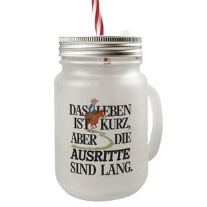 Reiter Spruch Trinkglas mit Bambusdeckel Ausritte sind lang
