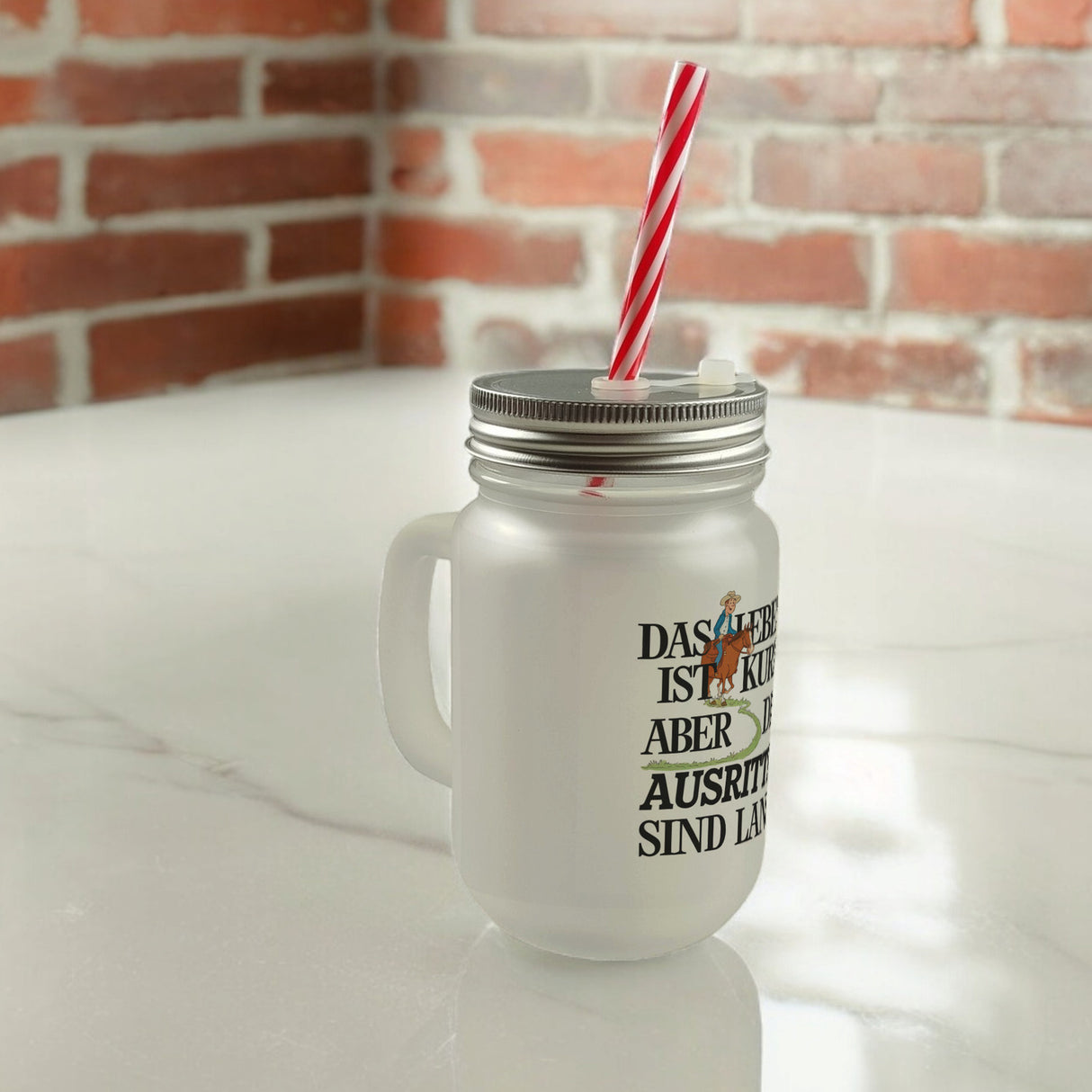 Reiter Spruch Trinkglas mit Bambusdeckel Ausritte sind lang