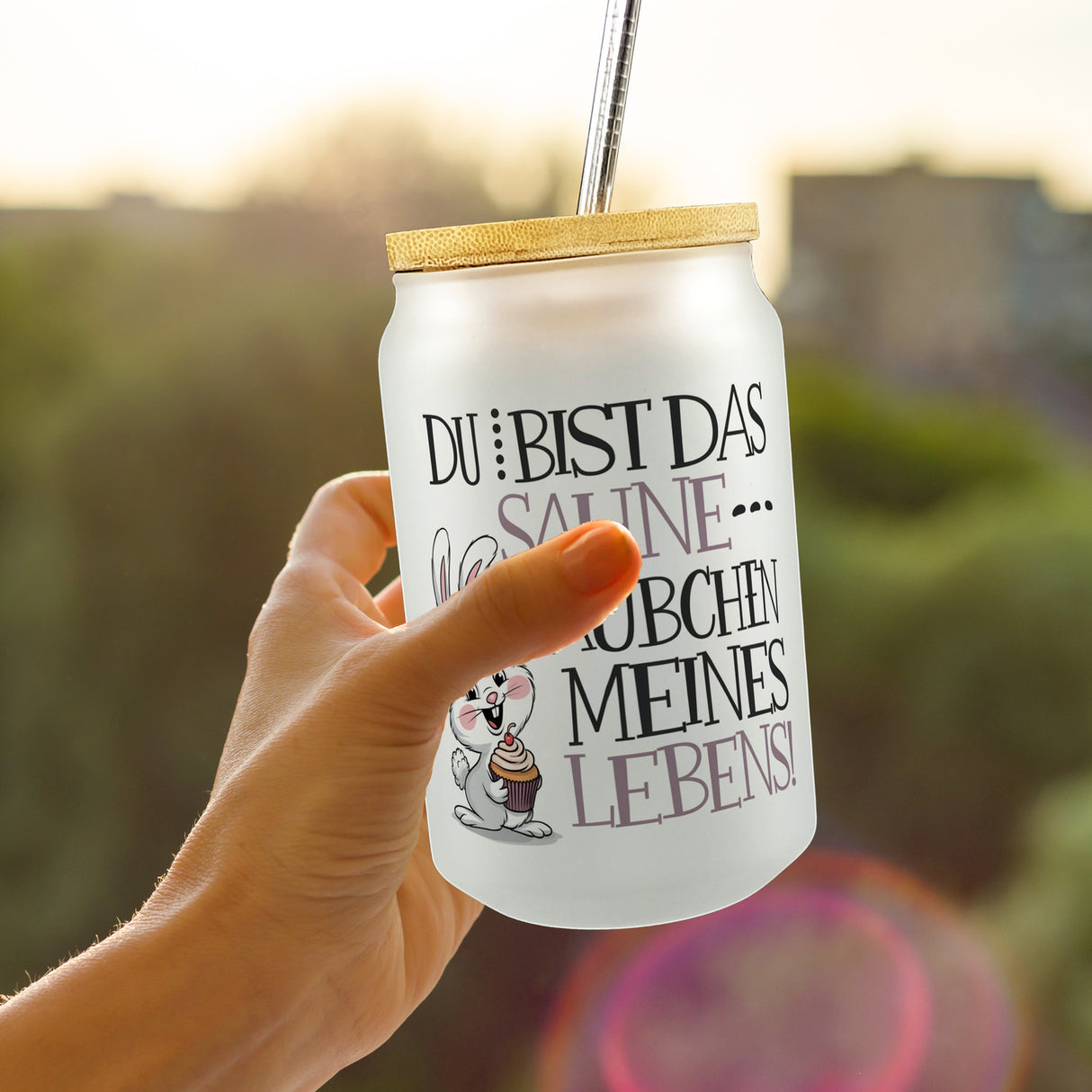 Hase Cupcake Trinkglas mit Bambusdeckel Sahnehäubchen meines Lebens