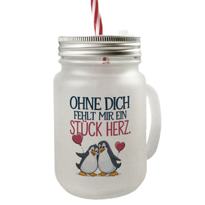 Pinguine Ohne dich fehlt ein Stück Herz Trinkglas mit Bambusdeckel