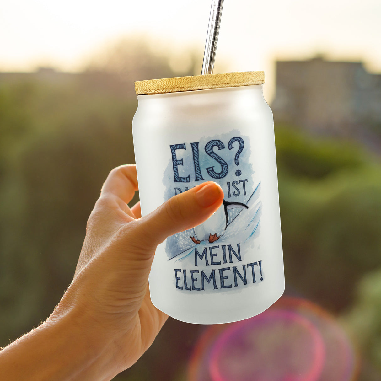 Niedlicher Pinguin Eis ist mein Element Trinkglas mit Bambusdeckel