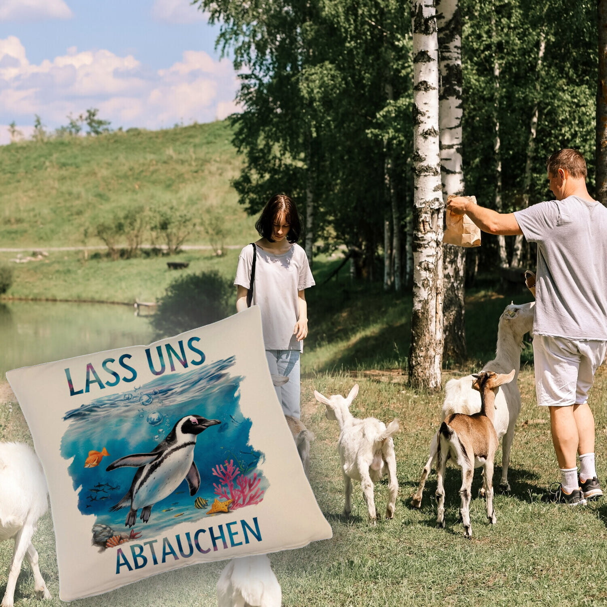 Lass uns abtauchen Pinguin Kissen Unterwasserszene