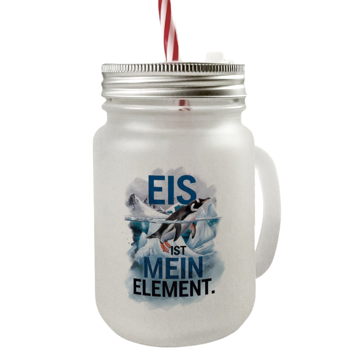 Eis ist mein Element Trinkglas mit Bambusdeckel Pinguin im Eis