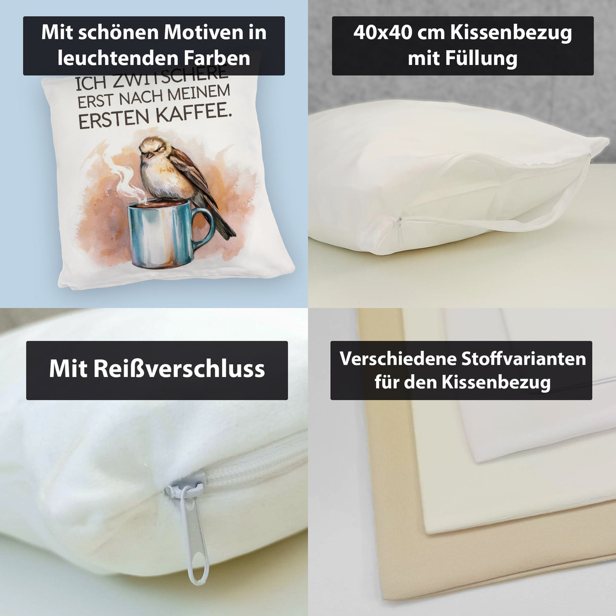 Erst Kaffee, dann Zwitschern Kissen mit Vogel auf Kaffeetasse