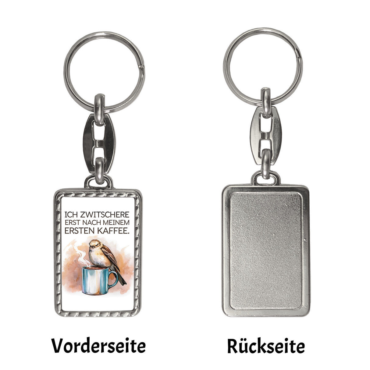 Erst Kaffee, dann Zwitschern Schlüsselanhänger mit Vogel auf Kaffeetasse