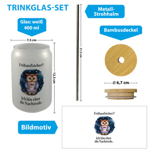 Eule im Pyjama Nachteule Frühaufsteher Spruch Trinkglas mit Bambusdeckel