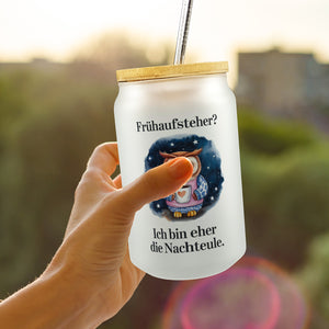 Eule im Pyjama Nachteule Frühaufsteher Spruch Trinkglas mit Bambusdeckel