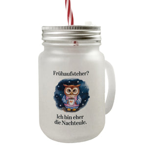 Eule im Pyjama Nachteule Frühaufsteher Spruch Trinkglas mit Bambusdeckel
