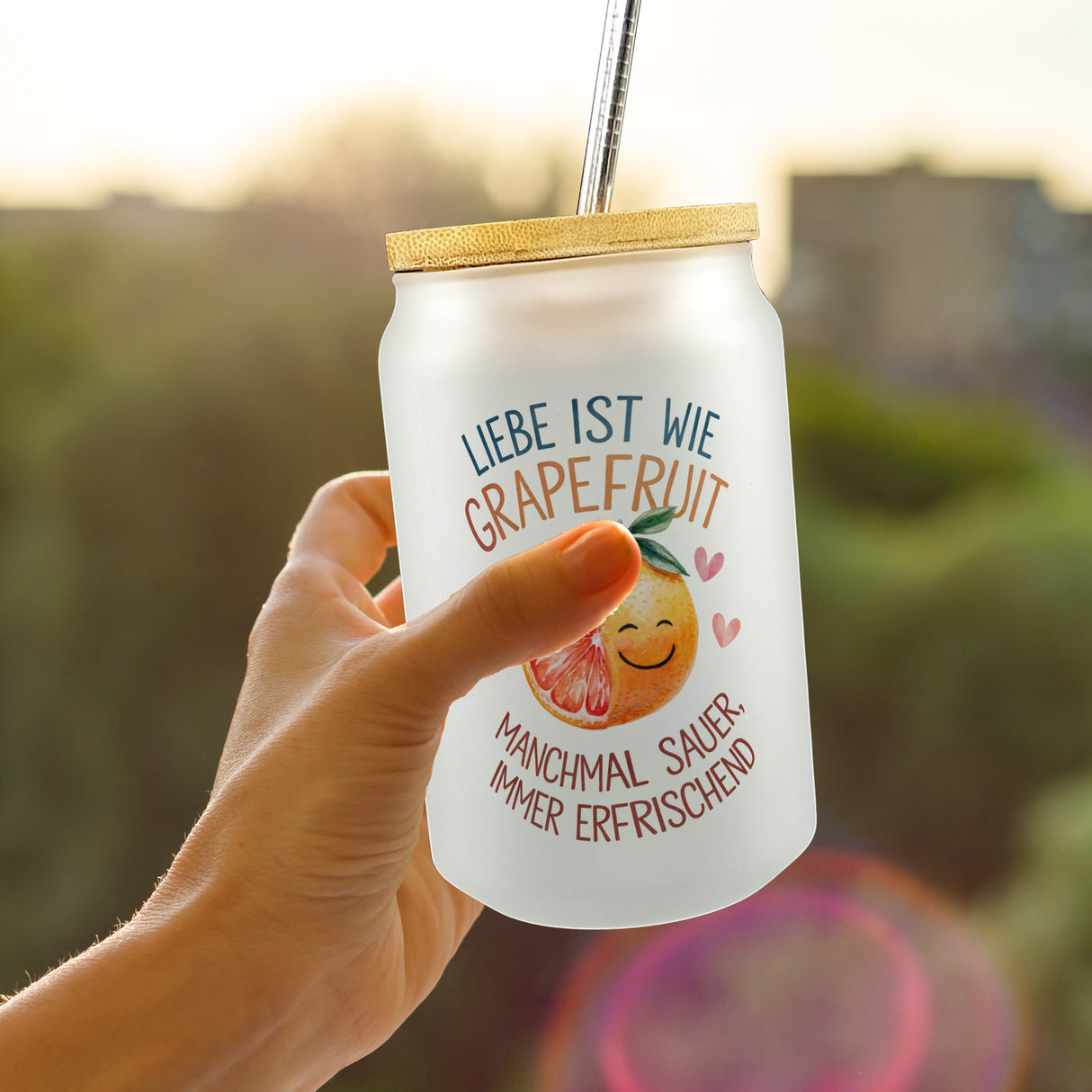 Grapefruit Trinkglas mit Bambusdeckel Liebe ist erfrischend