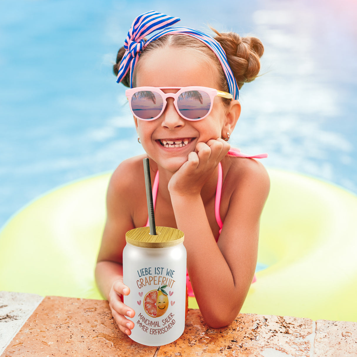 Grapefruit Trinkglas mit Bambusdeckel Liebe ist erfrischend