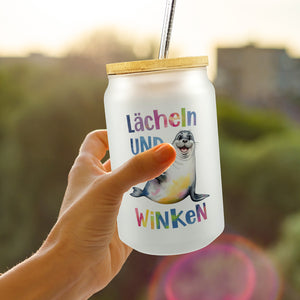 Seehund Lächeln und Winken Trinkglas mit Bambusdeckel