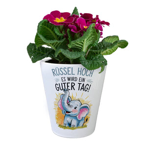 Fröhlicher Cartoon Elefant Rüssel hoch Blumentopf