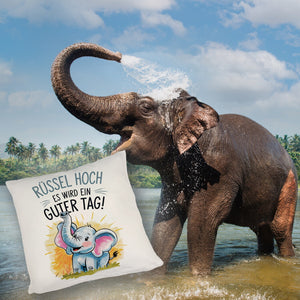 Fröhlicher Cartoon Elefant Rüssel hoch Kissen