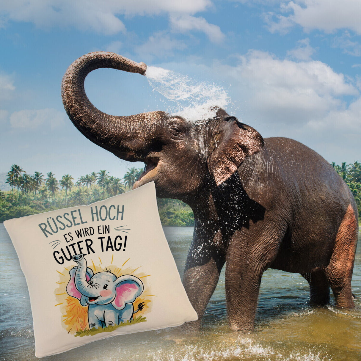 Fröhlicher Cartoon Elefant Rüssel hoch Kissen