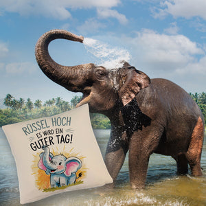 Fröhlicher Cartoon Elefant Rüssel hoch Kissen