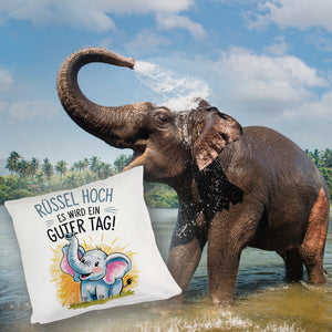 Fröhlicher Cartoon Elefant Rüssel hoch Kissen