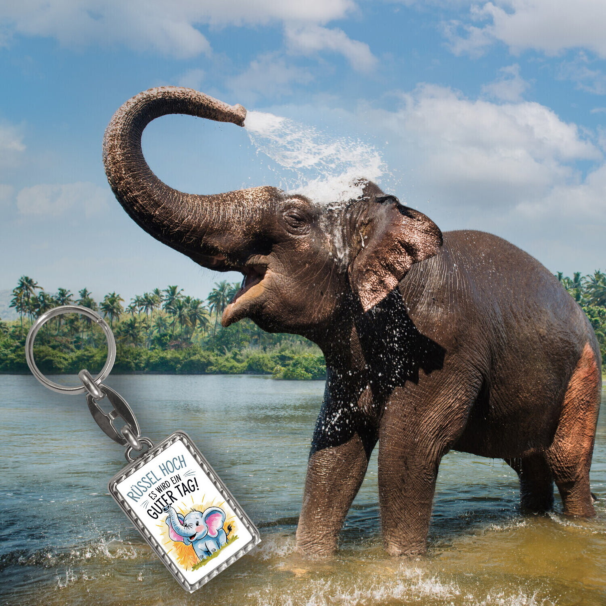 Fröhlicher Cartoon Elefant Rüssel hoch Schlüsselanhänger