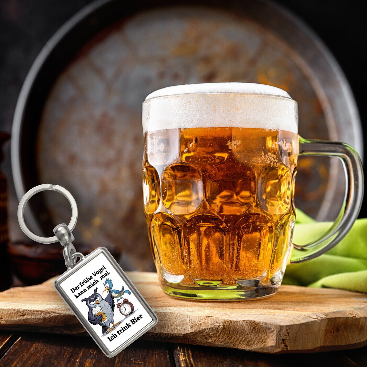 Graue Eule mit Bierkrug - Der frühe Vogel kann mich mal Schlüsselanhänger