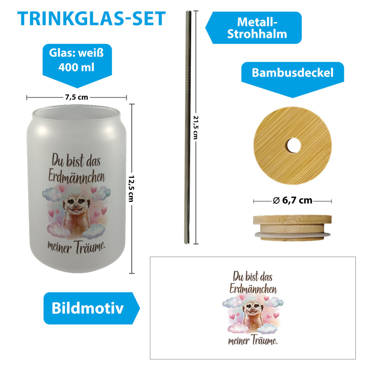 Erdmännchen meiner Träume Trinkglas mit Bambusdeckel