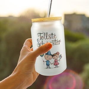 Tollste Schwester Cartoon Trinkglas mit Bambusdeckel für Geschwister