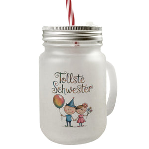 Tollste Schwester Cartoon Trinkglas mit Bambusdeckel für Geschwister