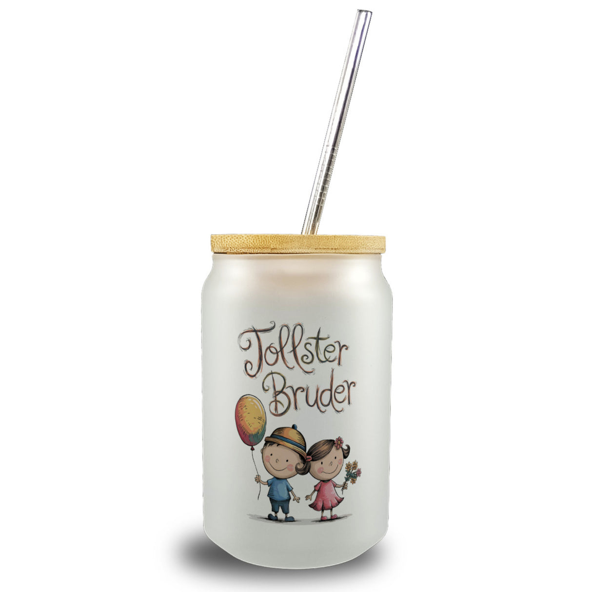 Tollster Bruder Cartoon Trinkglas mit Bambusdeckel für Geschwister