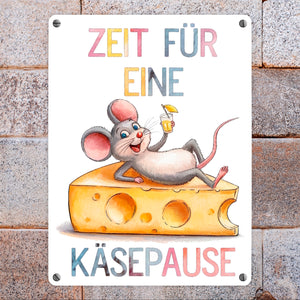 Zeit für eine Käsepause Metallschild in 15x20 cm mit lustiger Maus