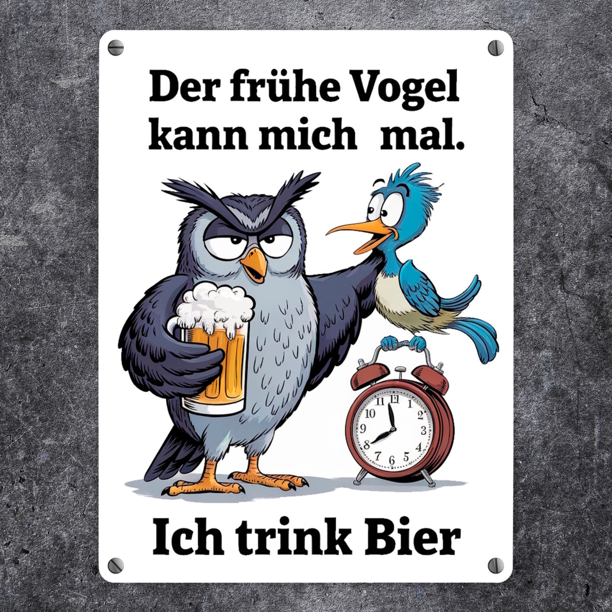Der frühe Vogel kann mich mal Metallschild in 15x20 cm Eule trinkt Bier
