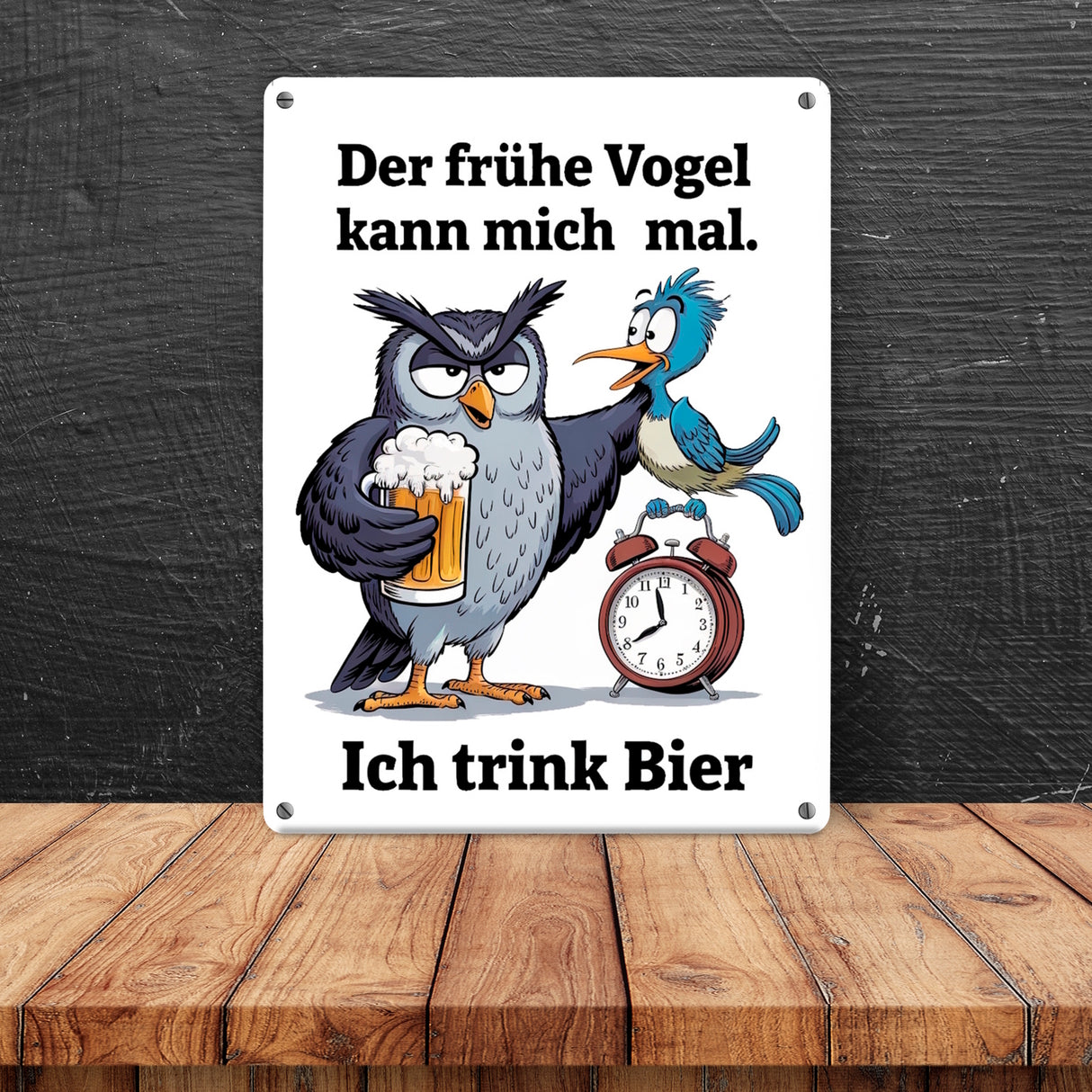 Der frühe Vogel kann mich mal Metallschild in 15x20 cm Eule trinkt Bier