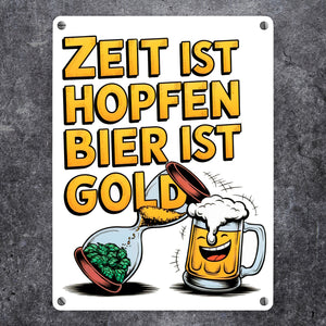Zeit ist Hopfen, Bier ist Gold Metallschild in 15x20 cm Bierkrug & Sanduhr