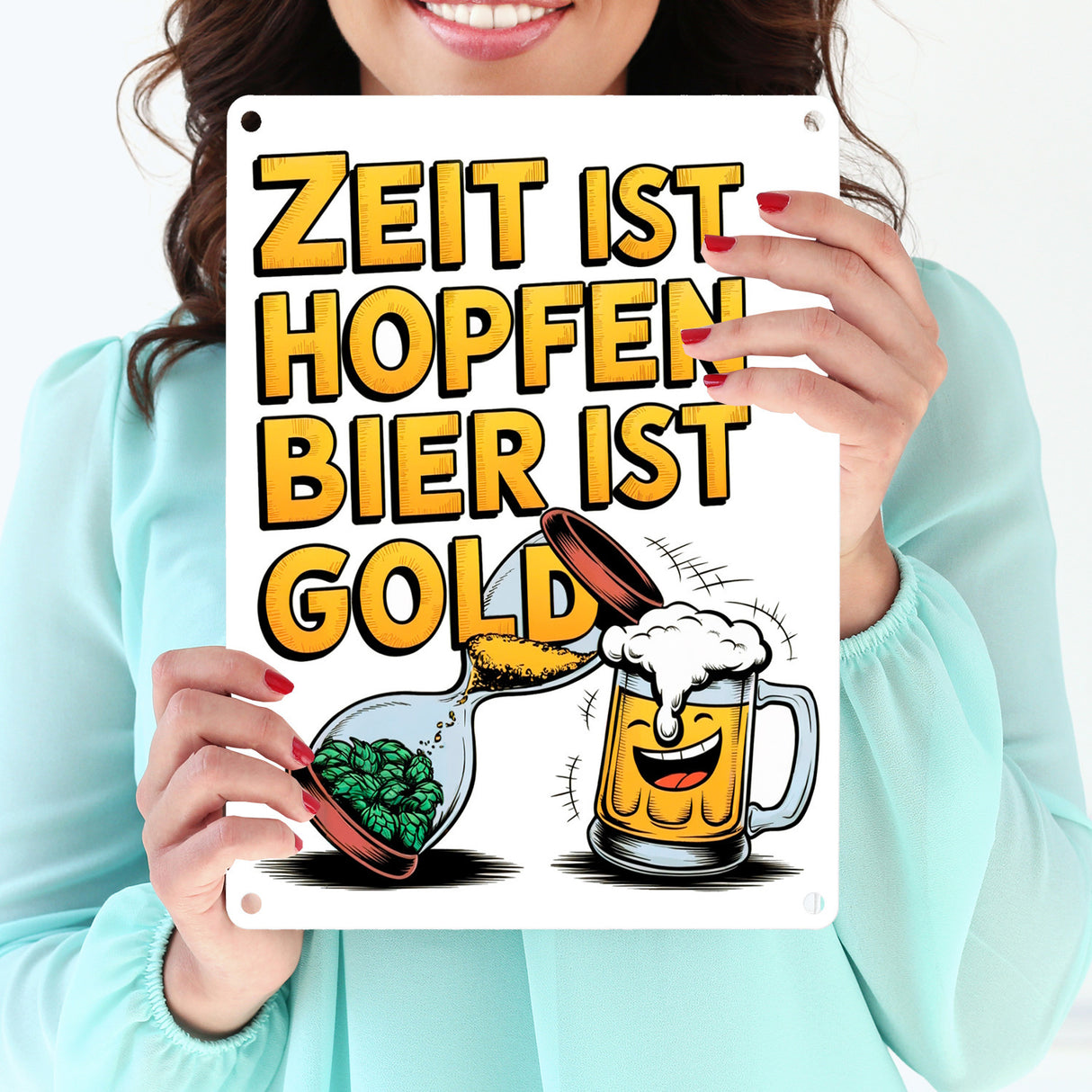 Zeit ist Hopfen, Bier ist Gold Metallschild in 15x20 cm Bierkrug & Sanduhr
