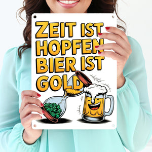 Zeit ist Hopfen, Bier ist Gold Metallschild in 15x20 cm Bierkrug & Sanduhr