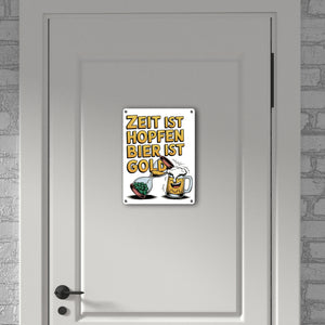 Zeit ist Hopfen, Bier ist Gold Metallschild in 15x20 cm Bierkrug & Sanduhr
