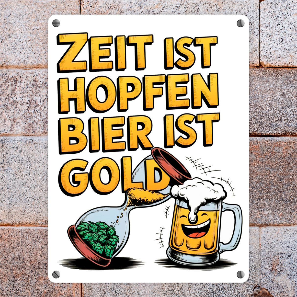 Zeit ist Hopfen, Bier ist Gold Metallschild in 15x20 cm Bierkrug & Sanduhr